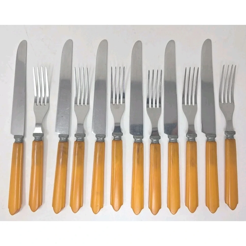 Butterscotch Bakelite Flatware‎ Knives and Forks Lot of 12 U25